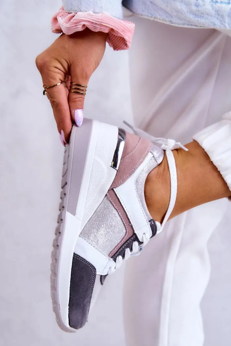 Damskie buty S.Barski Sneakersy Damskie*Skórzane Buty Sportowe Sneakersy Na Koturnie Srebrno-Szare Elissa