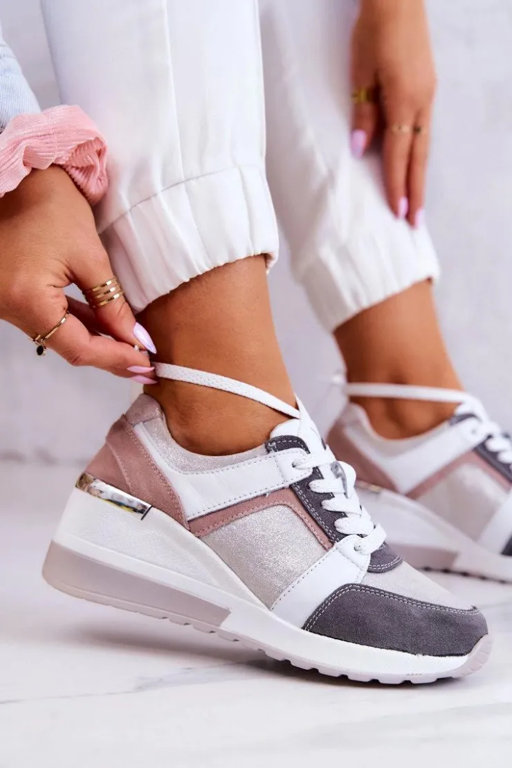 Damskie buty S.Barski Sneakersy Damskie*Skórzane Buty Sportowe Sneakersy Na Koturnie Srebrno-Szare Elissa