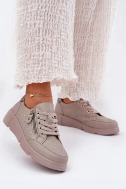 Buty damskie Vinceza Sneakersy Damskie*Skórzane Buty Sportowe Sneakersy Na Platformie Z Zamkiem Vinceza 88019 Ciemnobeżowe