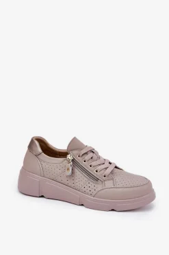 Buty damskie Vinceza Sneakersy Damskie*Skórzane Buty Sportowe Sneakersy Na Platformie Z Zamkiem Vinceza 88019 Ciemnobeżowe