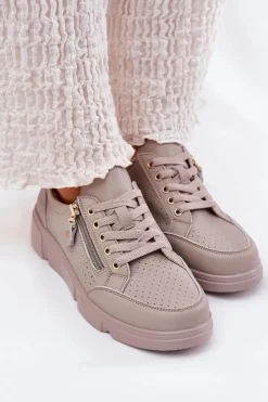 Buty damskie Vinceza Sneakersy Damskie*Skórzane Buty Sportowe Sneakersy Na Platformie Z Zamkiem Vinceza 88019 Ciemnobeżowe