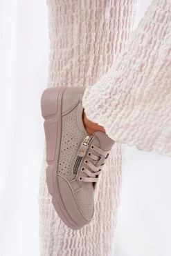 Buty damskie Vinceza Sneakersy Damskie*Skórzane Buty Sportowe Sneakersy Na Platformie Z Zamkiem Vinceza 88019 Ciemnobeżowe