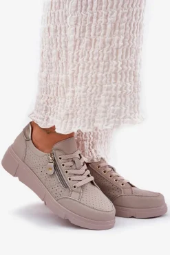 Buty damskie Vinceza Sneakersy Damskie*Skórzane Buty Sportowe Sneakersy Na Platformie Z Zamkiem Vinceza 88019 Ciemnobeżowe