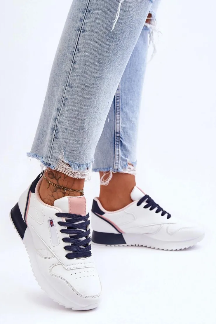 Boto Buty Sportowe Na Platformie|Sneakersy Damskie*Skórzane Buty Sportowe Sznurowane Na Platformie Biało-Granatowe Merida