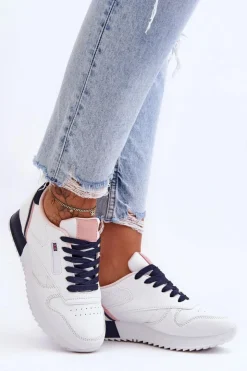 Boto Buty Sportowe Na Platformie|Sneakersy Damskie*Skórzane Buty Sportowe Sznurowane Na Platformie Biało-Granatowe Merida