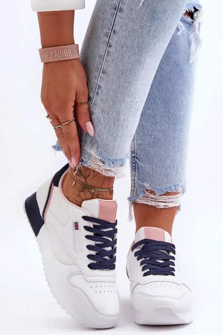 Boto Buty Sportowe Na Platformie|Sneakersy Damskie*Skórzane Buty Sportowe Sznurowane Na Platformie Biało-Granatowe Merida