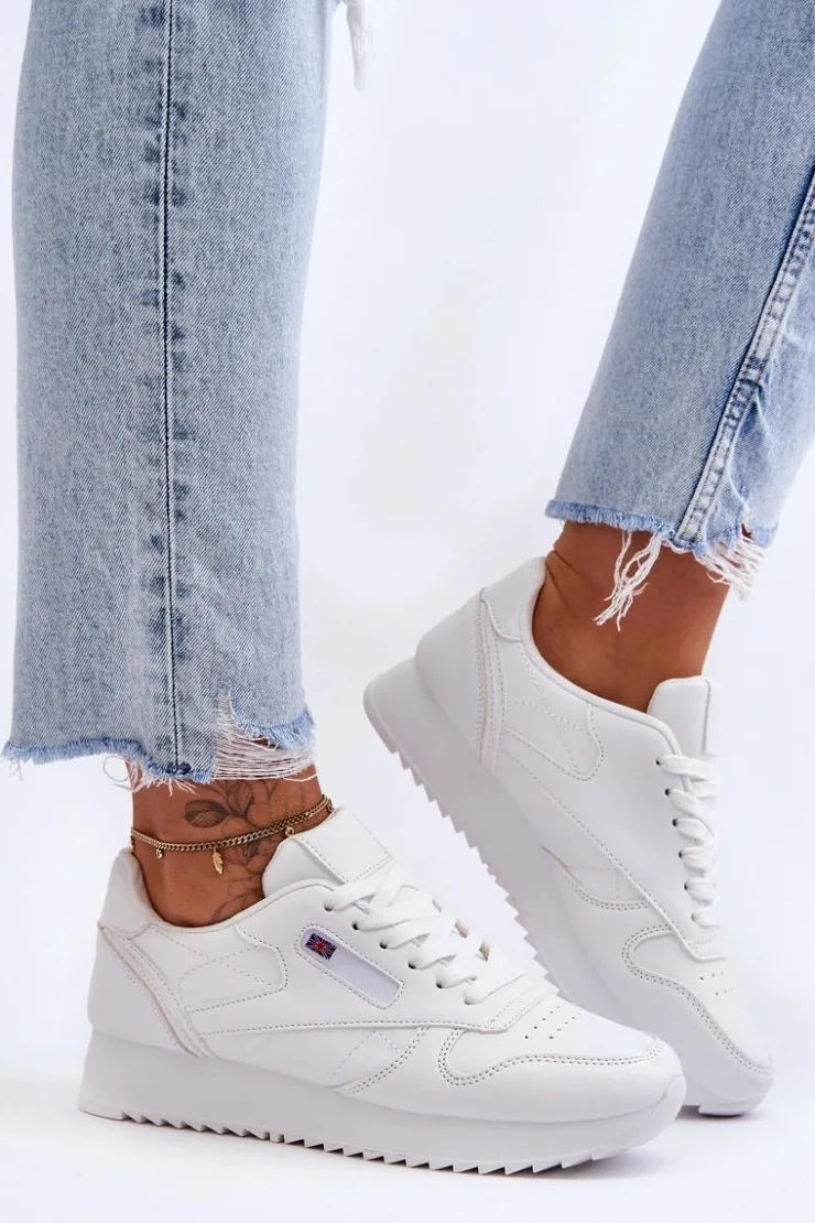 Damskie Boto Skórzane Buty Sportowe Sznurowane Na Platformie Białe Merida