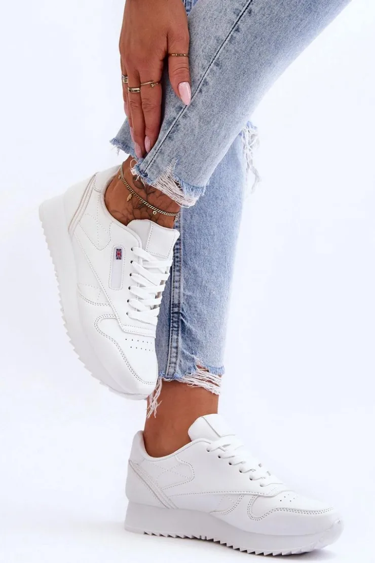 Damskie Boto Skórzane Buty Sportowe Sznurowane Na Platformie Białe Merida