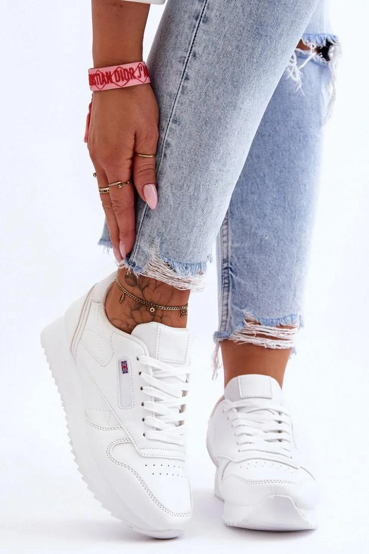 Damskie Boto Skórzane Buty Sportowe Sznurowane Na Platformie Białe Merida