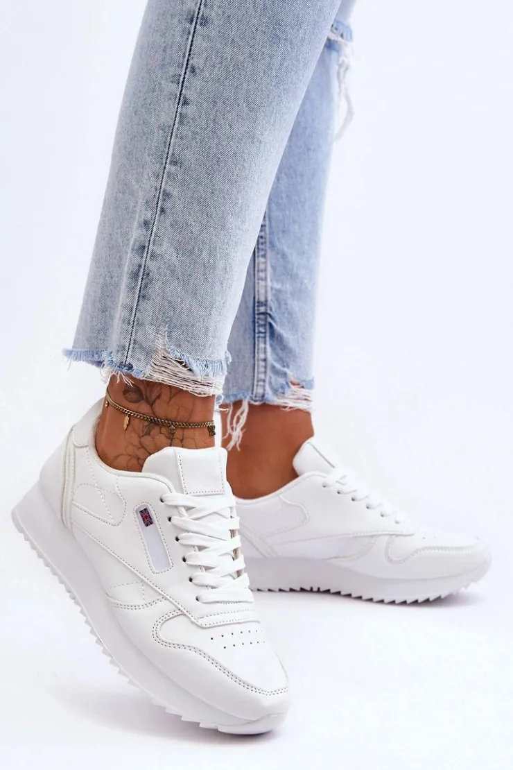 Damskie Boto Skórzane Buty Sportowe Sznurowane Na Platformie Białe Merida