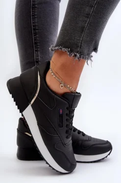 Damskie Boto Skórzane Buty Sportowe Sznurowane Na Platformie Czarne Merida