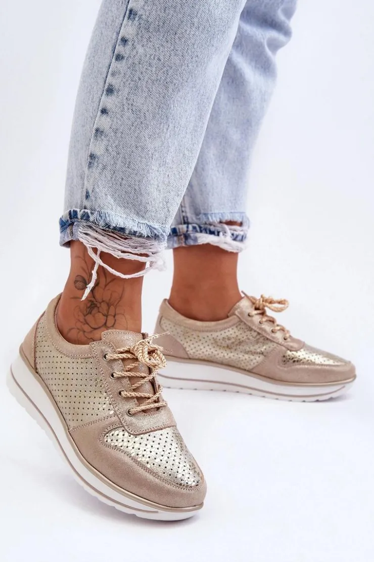 Damskie buty S.Barski Buty Sportowe Na Platformie|Sneakersy Damskie*Skórzane Buty Sportowe Z Perforacją S.Barski AL22246 Złote