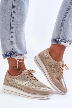 Damskie buty S.Barski Buty Sportowe Na Platformie|Sneakersy Damskie*Skórzane Buty Sportowe Z Perforacją S.Barski AL22246 Złote