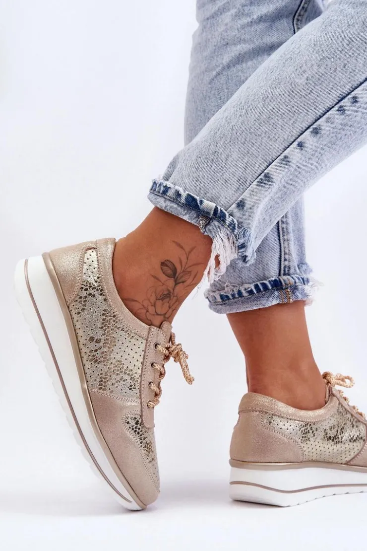 Damskie buty S.Barski Buty Sportowe Na Platformie|Sneakersy Damskie*Skórzane Buty Sportowe Z Perforacją S.Barski AL22246 Złote