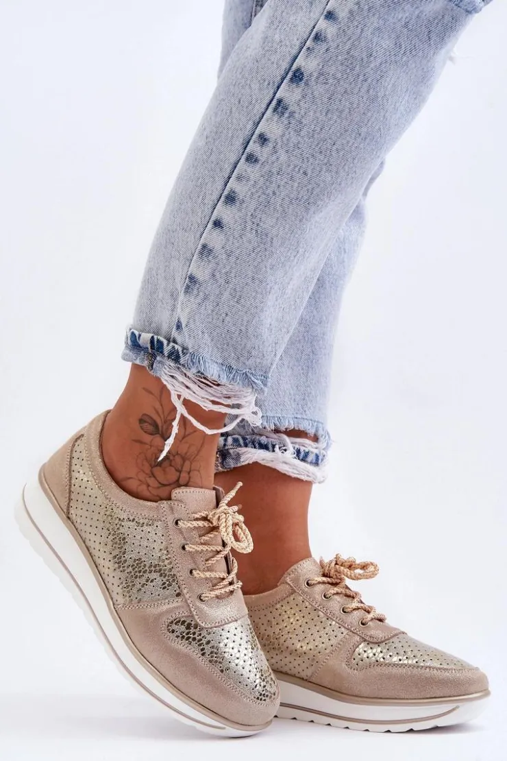 Damskie buty S.Barski Buty Sportowe Na Platformie|Sneakersy Damskie*Skórzane Buty Sportowe Z Perforacją S.Barski AL22246 Złote