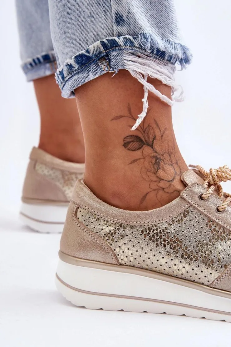 Damskie buty S.Barski Buty Sportowe Na Platformie|Sneakersy Damskie*Skórzane Buty Sportowe Z Perforacją S.Barski AL22246 Złote