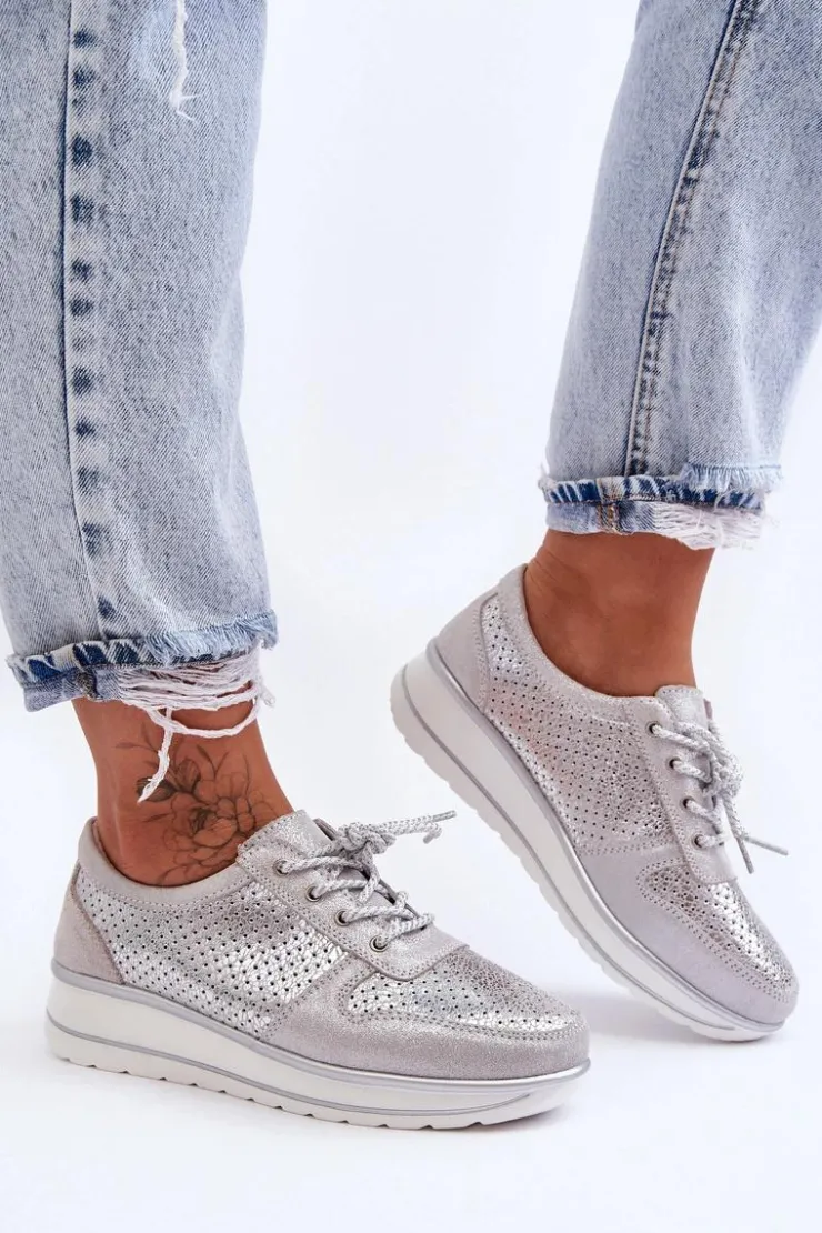 Damskie Damskie buty S.Barski Skórzane Buty Sportowe Z Perforacją S.Barski AL22246 Srebrne