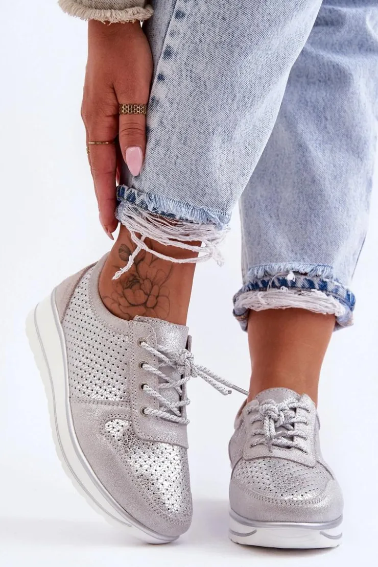 Damskie Damskie buty S.Barski Skórzane Buty Sportowe Z Perforacją S.Barski AL22246 Srebrne