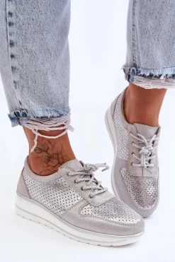 Damskie Damskie buty S.Barski Skórzane Buty Sportowe Z Perforacją S.Barski AL22246 Srebrne