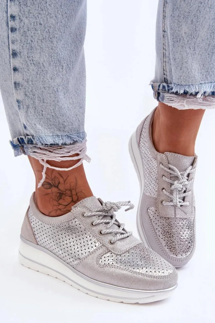 Damskie Damskie buty S.Barski Skórzane Buty Sportowe Z Perforacją S.Barski AL22246 Srebrne