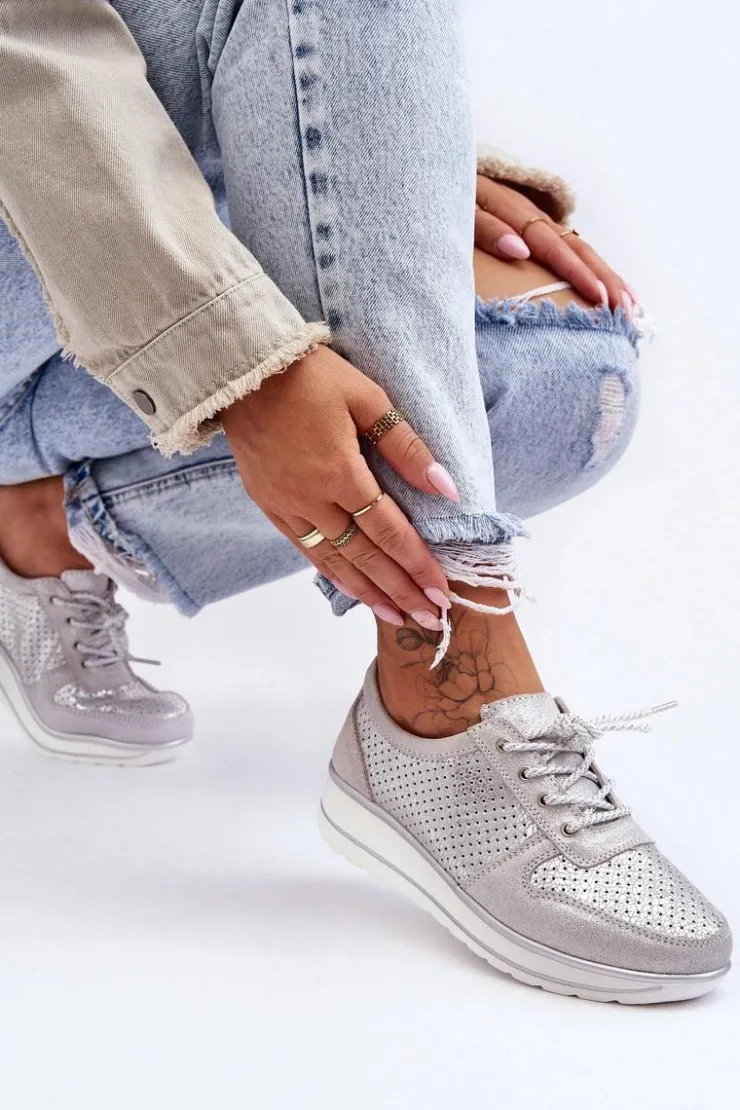 Damskie Damskie buty S.Barski Skórzane Buty Sportowe Z Perforacją S.Barski AL22246 Srebrne