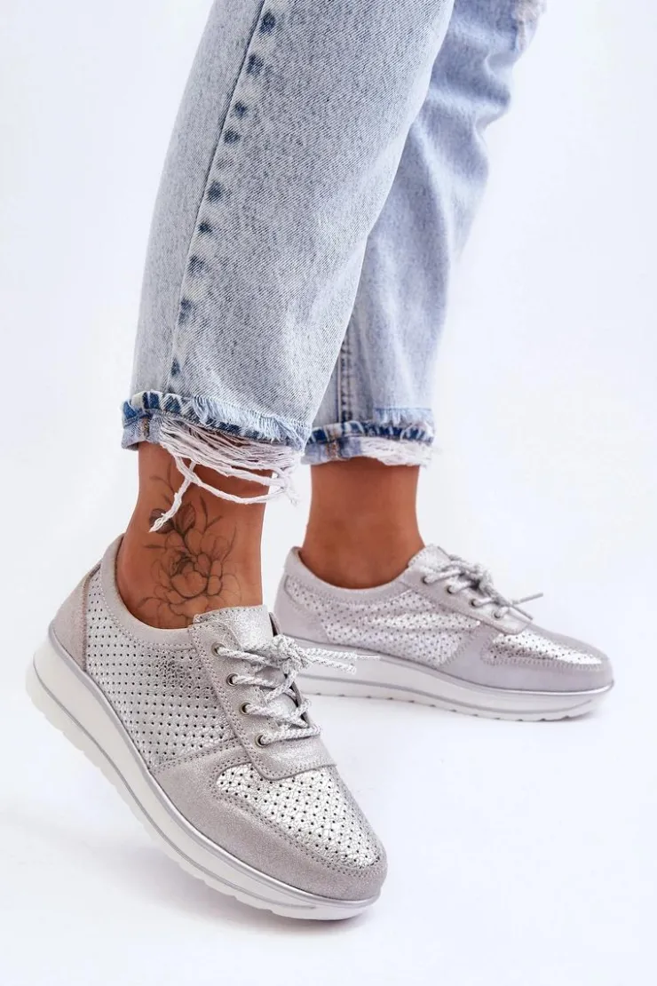 Damskie Damskie buty S.Barski Skórzane Buty Sportowe Z Perforacją S.Barski AL22246 Srebrne