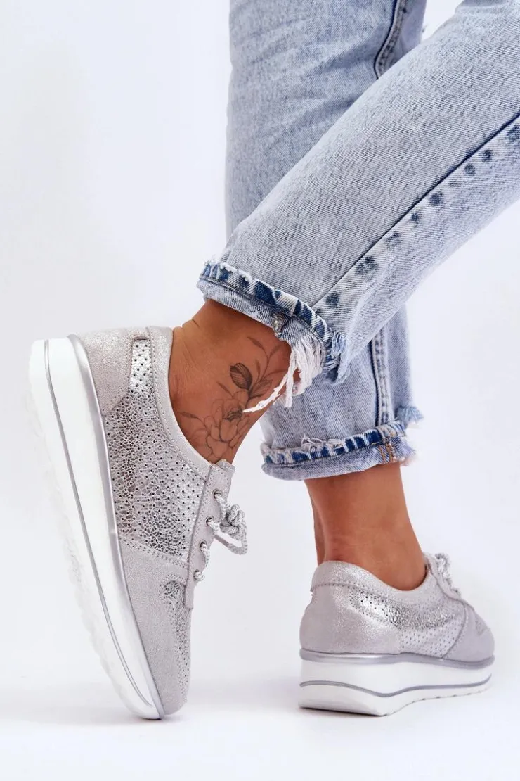 Damskie Damskie buty S.Barski Skórzane Buty Sportowe Z Perforacją S.Barski AL22246 Srebrne