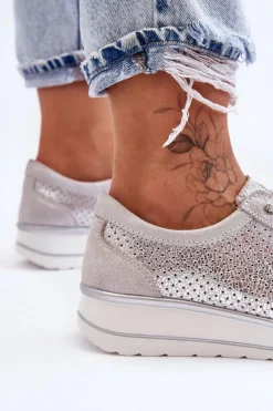 Damskie Damskie buty S.Barski Skórzane Buty Sportowe Z Perforacją S.Barski AL22246 Srebrne