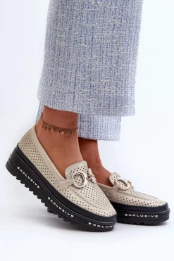 Damskie buty S.Barski Skórzane Błyszczące Mokasyny Damskie Na Platformie Z Ozdobą S.Barski LR750 Złote Złoty