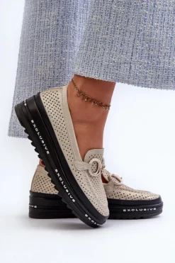 Damskie buty S.Barski Skórzane Błyszczące Mokasyny Damskie Na Platformie Z Ozdobą S.Barski LR750 Złote Złoty