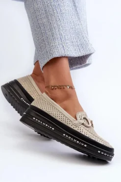 Damskie buty S.Barski Skórzane Błyszczące Mokasyny Damskie Na Platformie Z Ozdobą S.Barski LR750 Złote Złoty