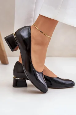 Boto Czółenka Na Słupku*Skórzane Czółenka Lewski 3118 Czarne Czarny