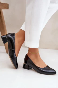 Boto Czółenka Na Słupku*Skórzane Czółenka Lewski 3118 Czarne Czarny