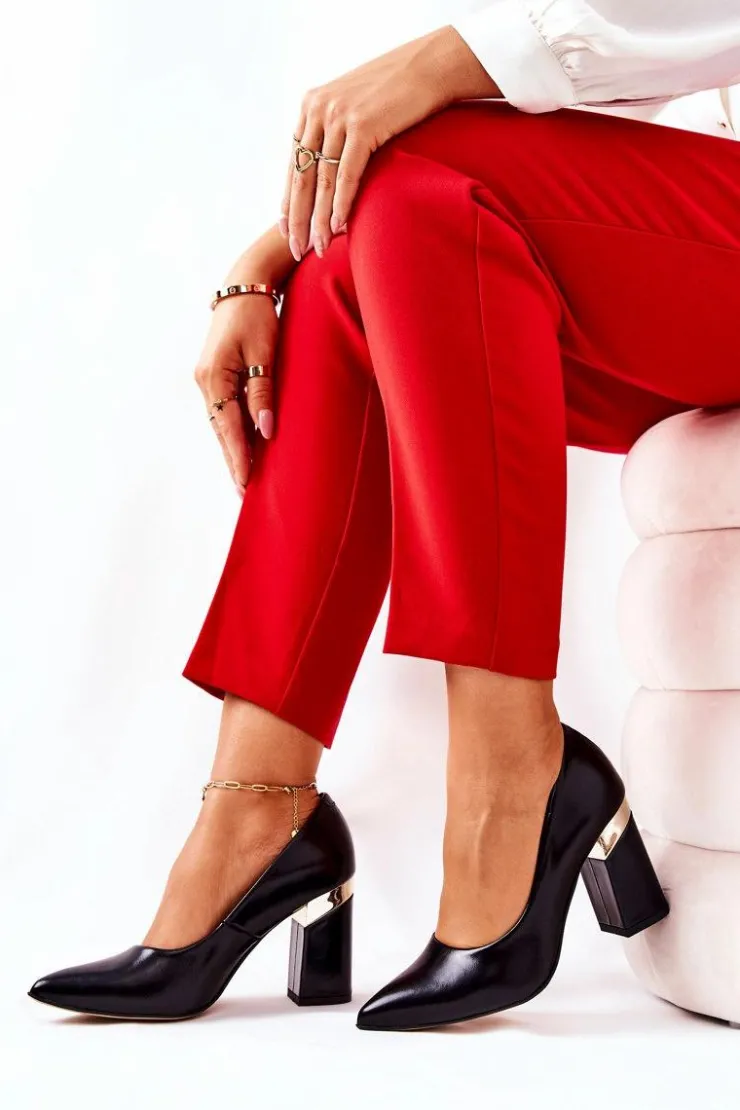 Boto Czółenka Na Słupku*Skórzane Czółenka Lewski 3117 Czarne Czarny