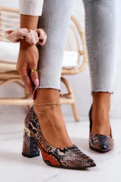 Damskie Boto Skórzane Czółenka Lewski Wężowe 3117 Pomarańczowo-Brązowe