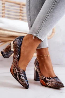 Damskie Boto Skórzane Czółenka Lewski Wężowe 3117 Pomarańczowo-Brązowe