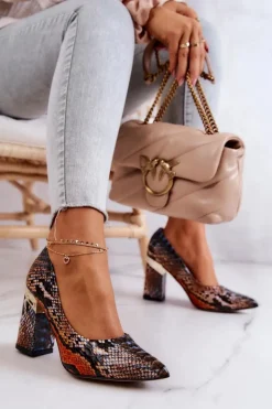 Damskie Boto Skórzane Czółenka Lewski Wężowe 3117 Pomarańczowo-Brązowe