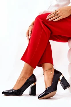 Damskie Boto Skórzane Czółenka Lewski Wężowe 3117 Czarne