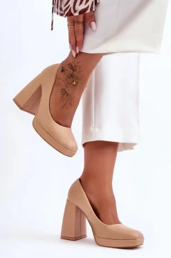 Boto Czółenka Na Platformie|Czółenka Na Słupku*Skórzane Czółenka Na Masywnym Obcasie Nude Rosalia