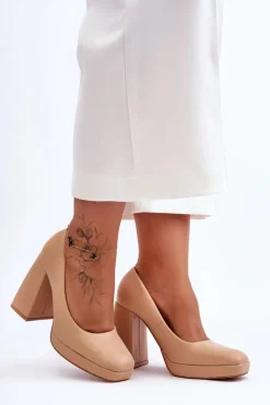 Boto Czółenka Na Platformie|Czółenka Na Słupku*Skórzane Czółenka Na Masywnym Obcasie Nude Rosalia