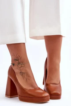 Damskie Boto Skórzane Czółenka Na Masywnym Obcasie Camel Rosalia