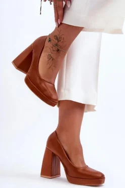 Damskie Boto Skórzane Czółenka Na Masywnym Obcasie Camel Rosalia