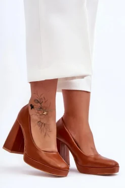 Damskie Boto Skórzane Czółenka Na Masywnym Obcasie Camel Rosalia