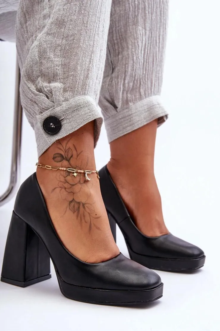 Boto Czółenka Na Platformie|Czółenka Na Słupku*Skórzane Czółenka Na Masywnym Obcasie Czarne Rosalia