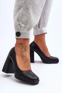 Boto Czółenka Na Platformie|Czółenka Na Słupku*Skórzane Czółenka Na Masywnym Obcasie Czarne Rosalia