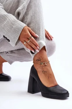 Boto Czółenka Na Platformie|Czółenka Na Słupku*Skórzane Czółenka Na Masywnym Obcasie Czarne Rosalia