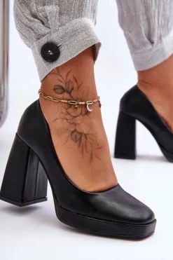 Boto Czółenka Na Platformie|Czółenka Na Słupku*Skórzane Czółenka Na Masywnym Obcasie Czarne Rosalia