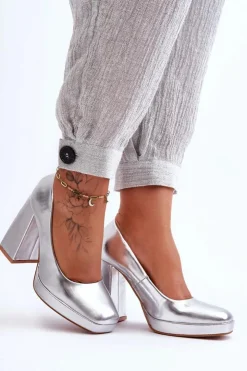 Hot Boto Skórzane Czółenka Na Masywnym Obcasie Srebrne Rosalia