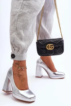 Hot Boto Skórzane Czółenka Na Masywnym Obcasie Srebrne Rosalia