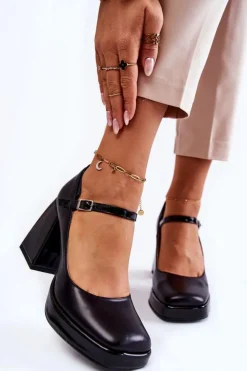 Damskie Boto Skórzane Czółenka Na Masywnym Obcasie Czarne Tina